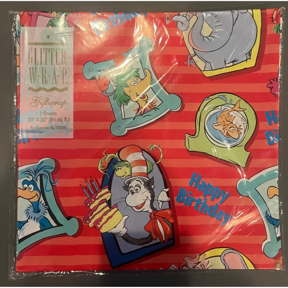 Vintage Glitter Wrap Sealed Dr. Seuss Cat‎ in the Hat Happy Birthday Gift Wrap